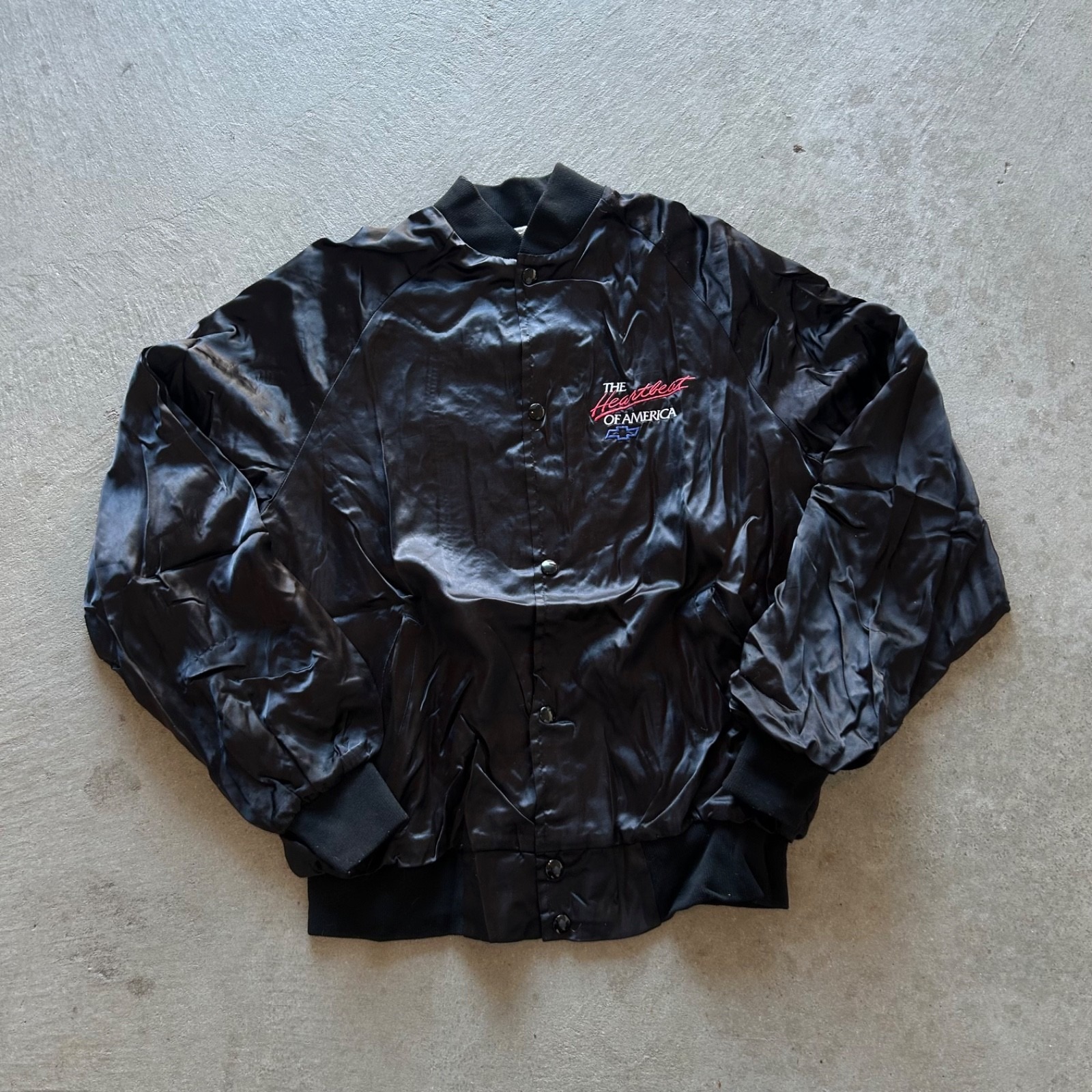 Vintage 90s Chevrolet Heartbeat Of America Jacket Size Medium Black Satin Bomber
